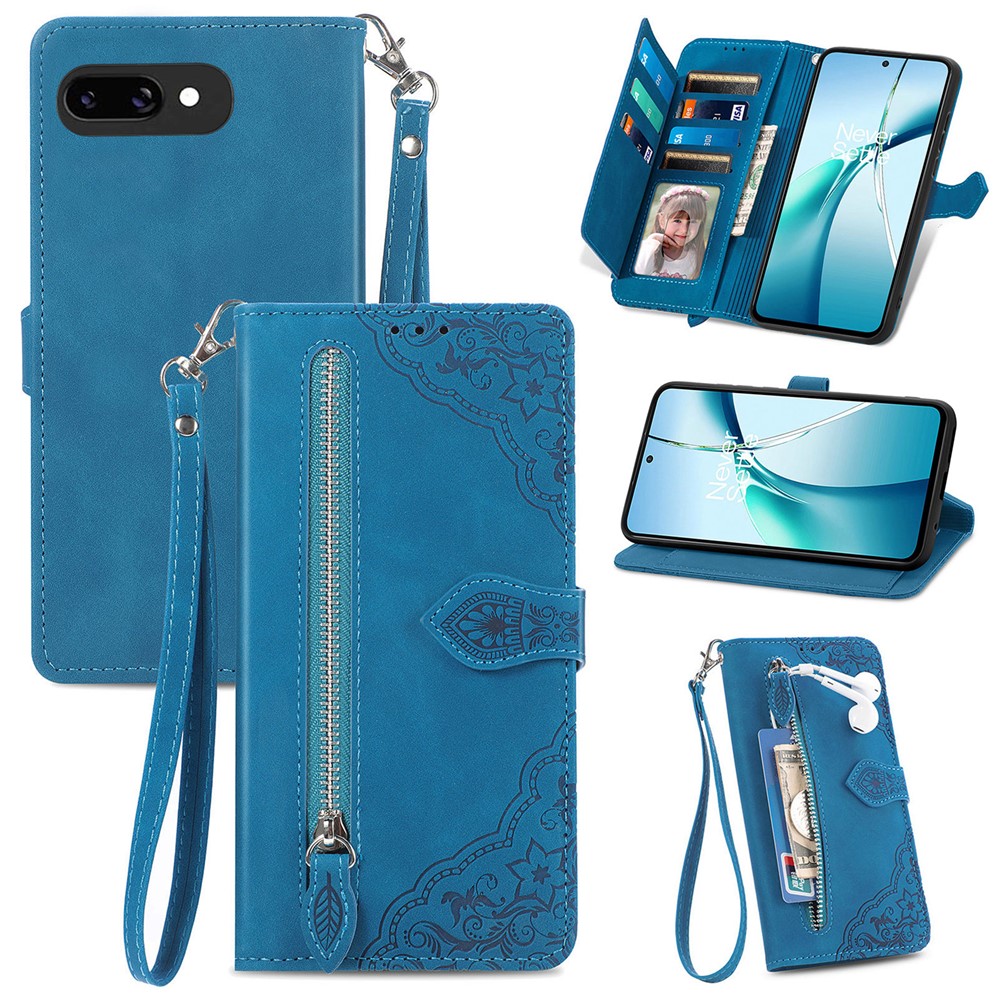 For Google Pixel 9a Zipper Wallet Case with Strap Flower Imprint PU Leather Phone Cover - Blue