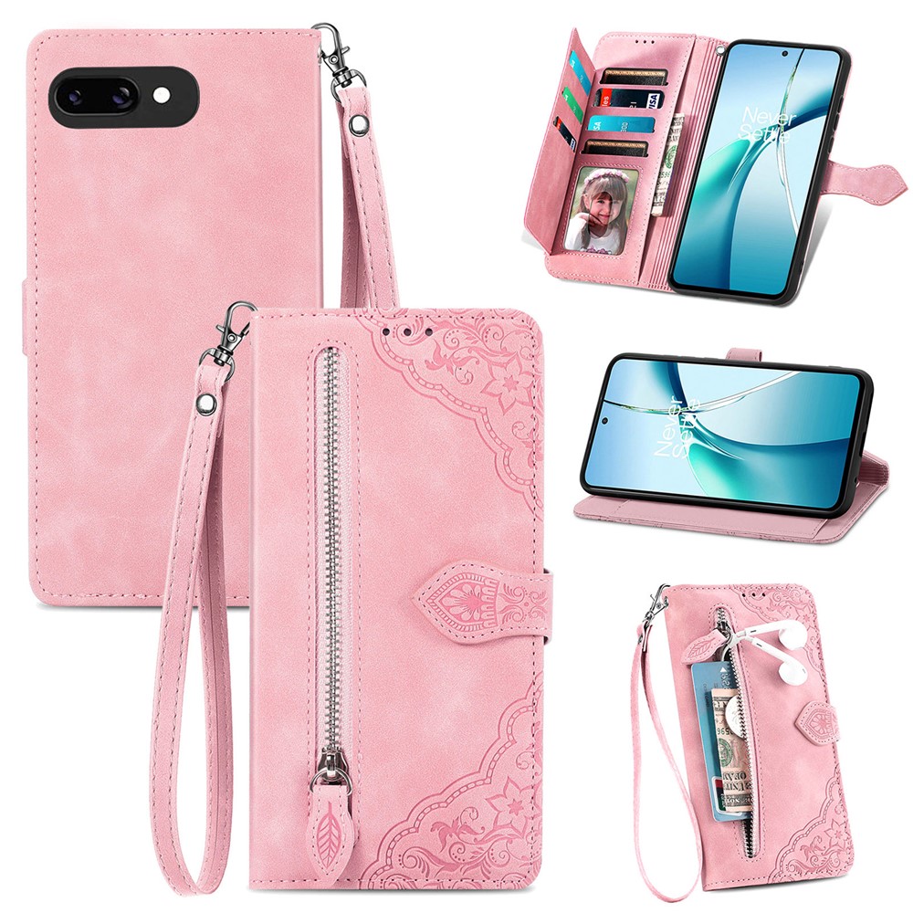 For Google Pixel 9a Zipper Wallet Case with Strap Flower Imprint PU Leather Phone Cover - Pink