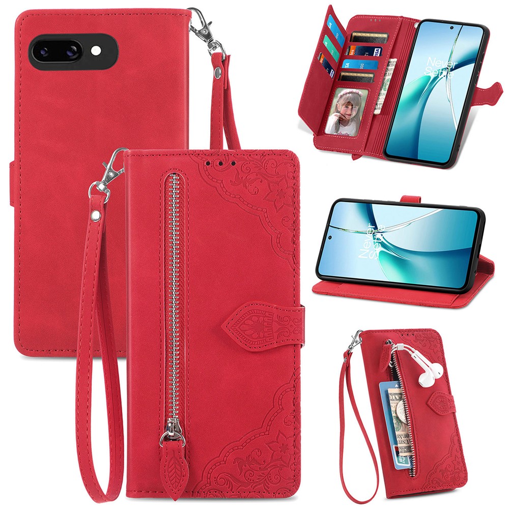 For Google Pixel 9a Zipper Wallet Case with Strap Flower Imprint PU Leather Phone Cover - Red