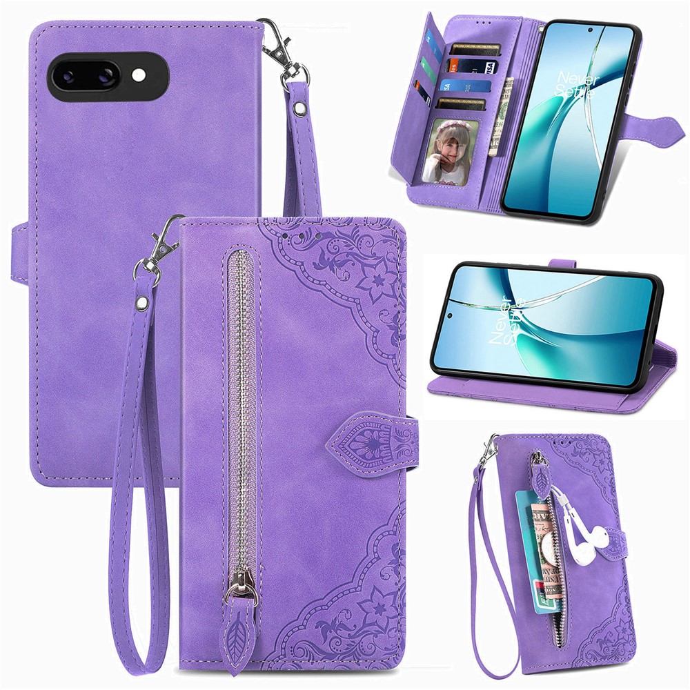For Google Pixel 9a Zipper Wallet Case with Strap Flower Imprint PU Leather Phone Cover - Purple