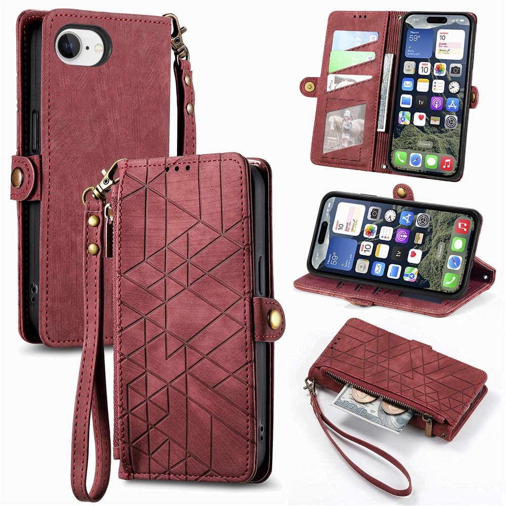 For iPhone 16e Zipper Wallet Case Geometry Lines Leather Phone Cover with Strap - Red