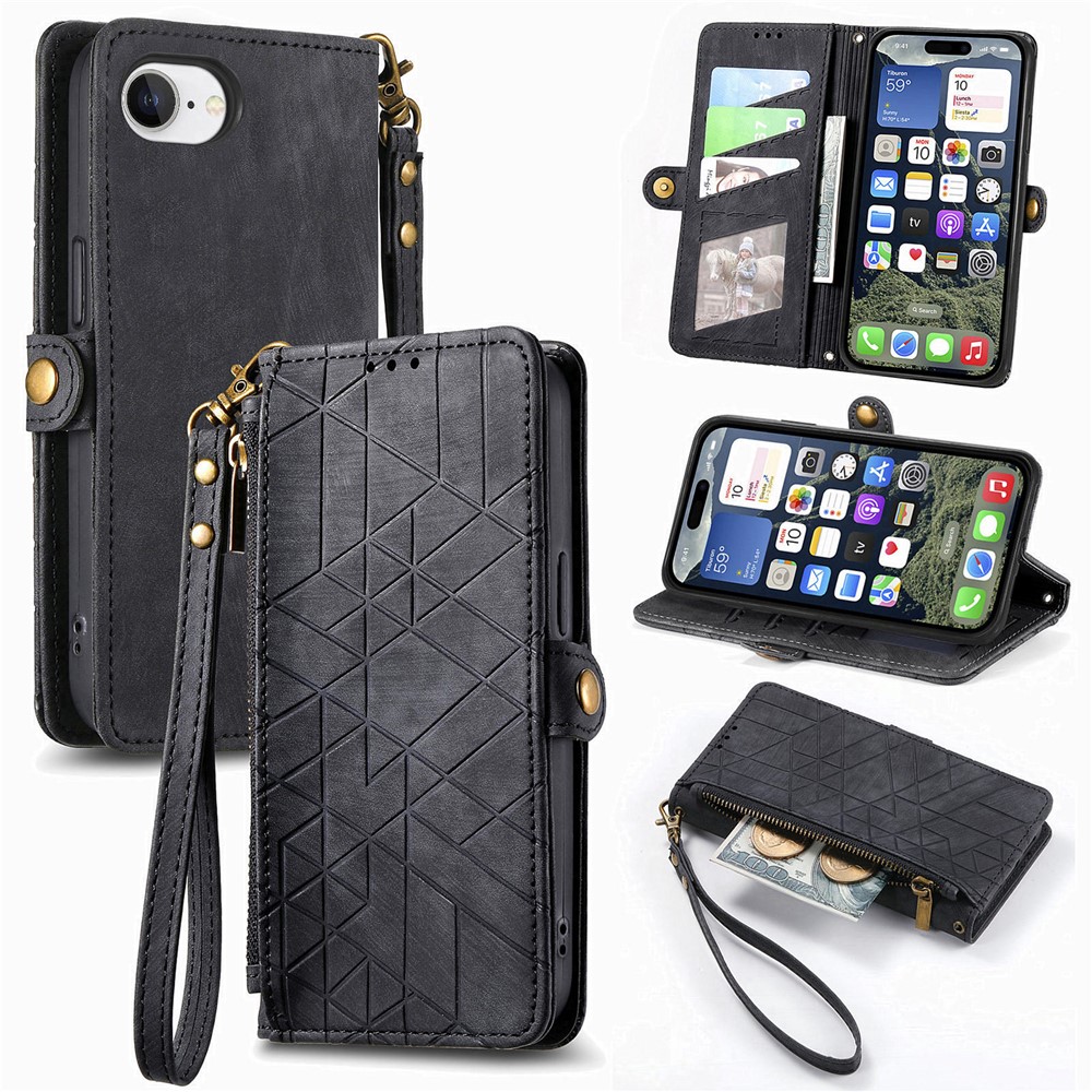 For iPhone 16e Zipper Wallet Case Geometry Lines Leather Phone Cover with Strap - Black