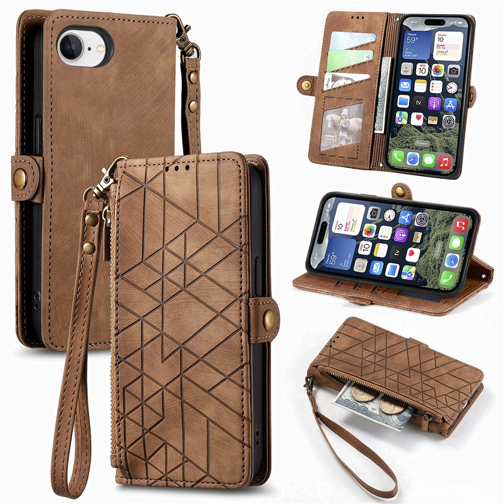 For iPhone 16e Zipper Wallet Case Geometry Lines Leather Phone Cover with Strap - Brown