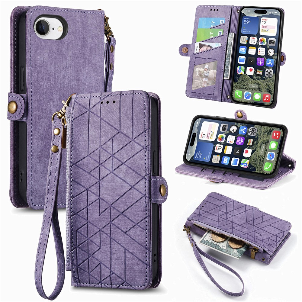 For iPhone 16e Zipper Wallet Case Geometry Lines Leather Phone Cover with Strap - Purple