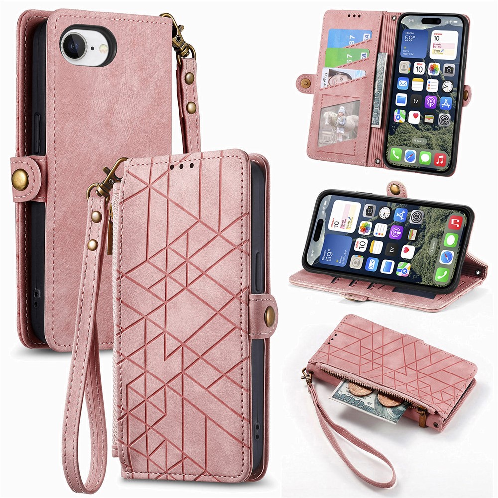 For iPhone 16e Zipper Wallet Case Geometry Lines Leather Phone Cover with Strap - Pink