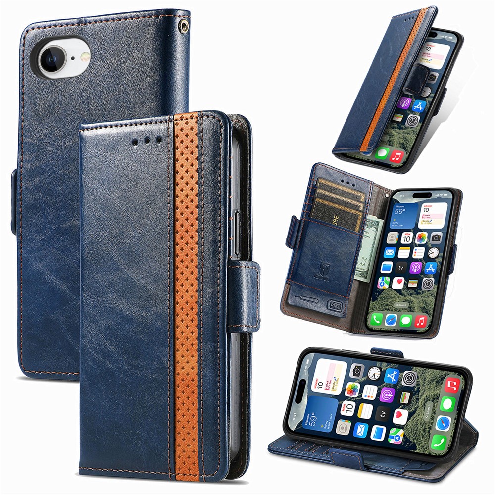 For iPhone 16e Phone Cases CASENEO PU Leather Cover Stand with RFID Blocking Wallet - Dark Blue