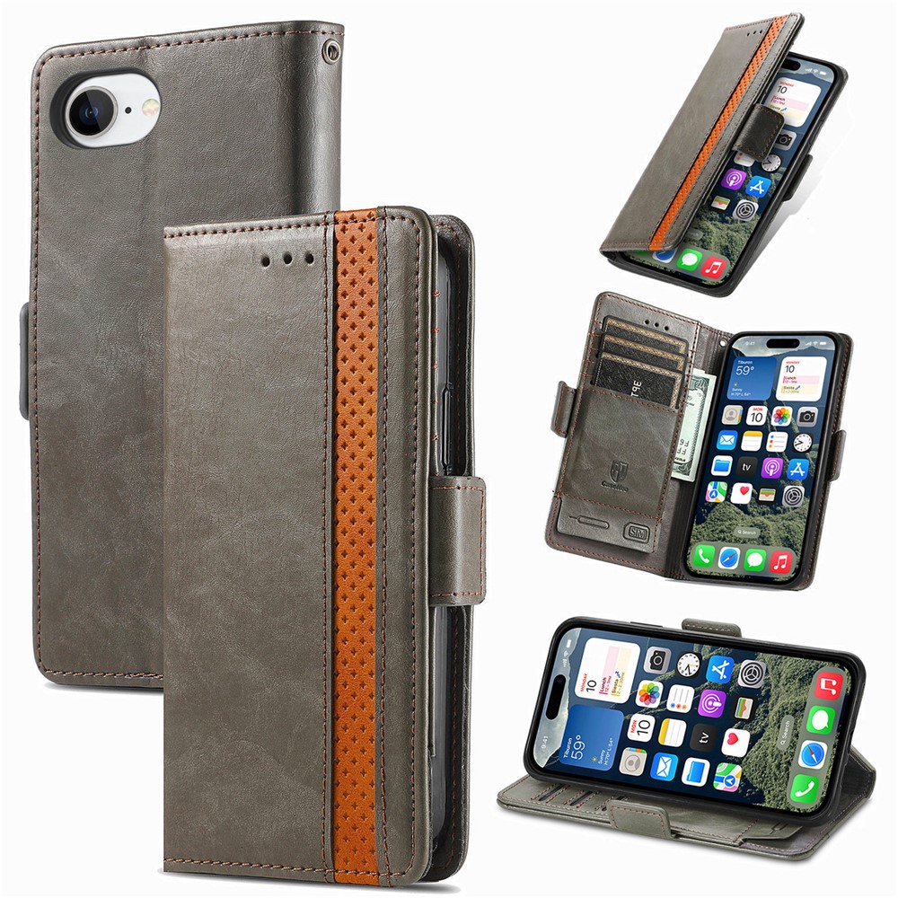 For iPhone 16e Phone Cases CASENEO PU Leather Cover Stand with RFID Blocking Wallet - Grey