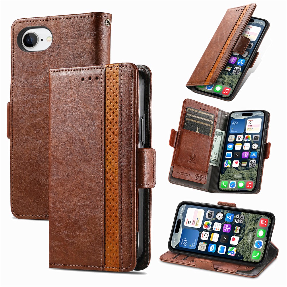 For iPhone 16e Phone Cases CASENEO PU Leather Cover Stand with RFID Blocking Wallet - Dark Brown