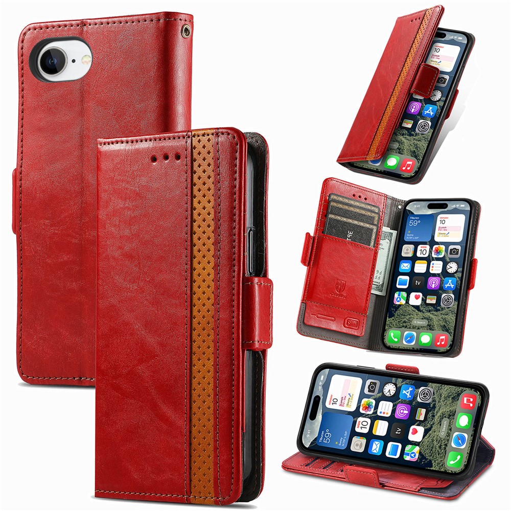 For iPhone 16e Phone Cases CASENEO PU Leather Cover Stand with RFID Blocking Wallet - Red