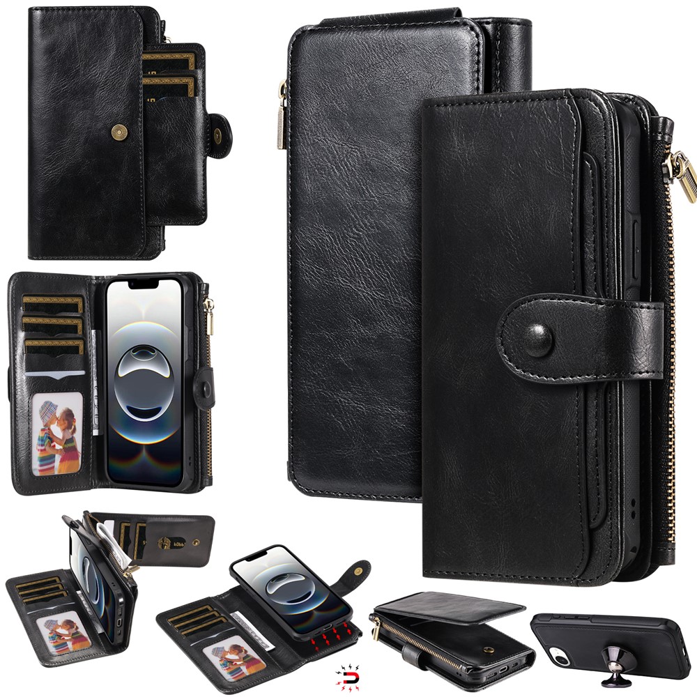 For iPhone 16e Case PU Leather Zipper Wallet Detachable Cover -  Black