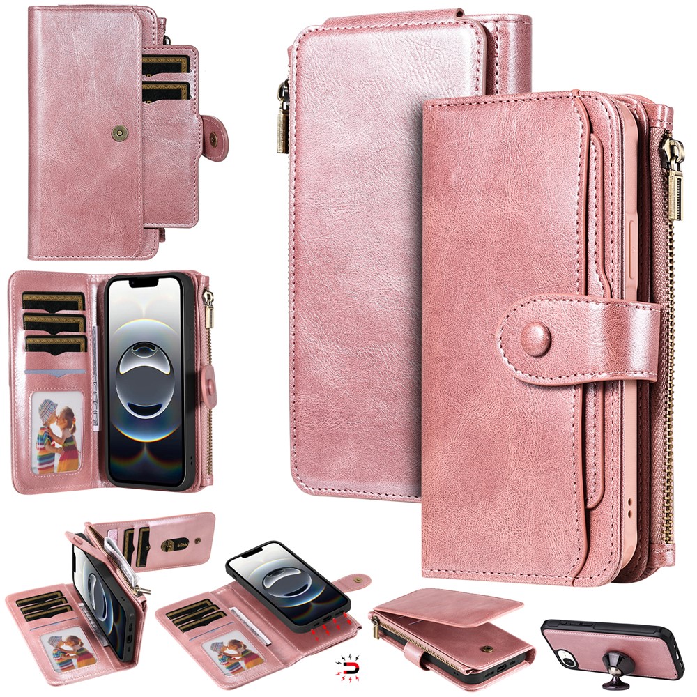 For iPhone 16e Case PU Leather Zipper Wallet Detachable Cover - Rose Gold