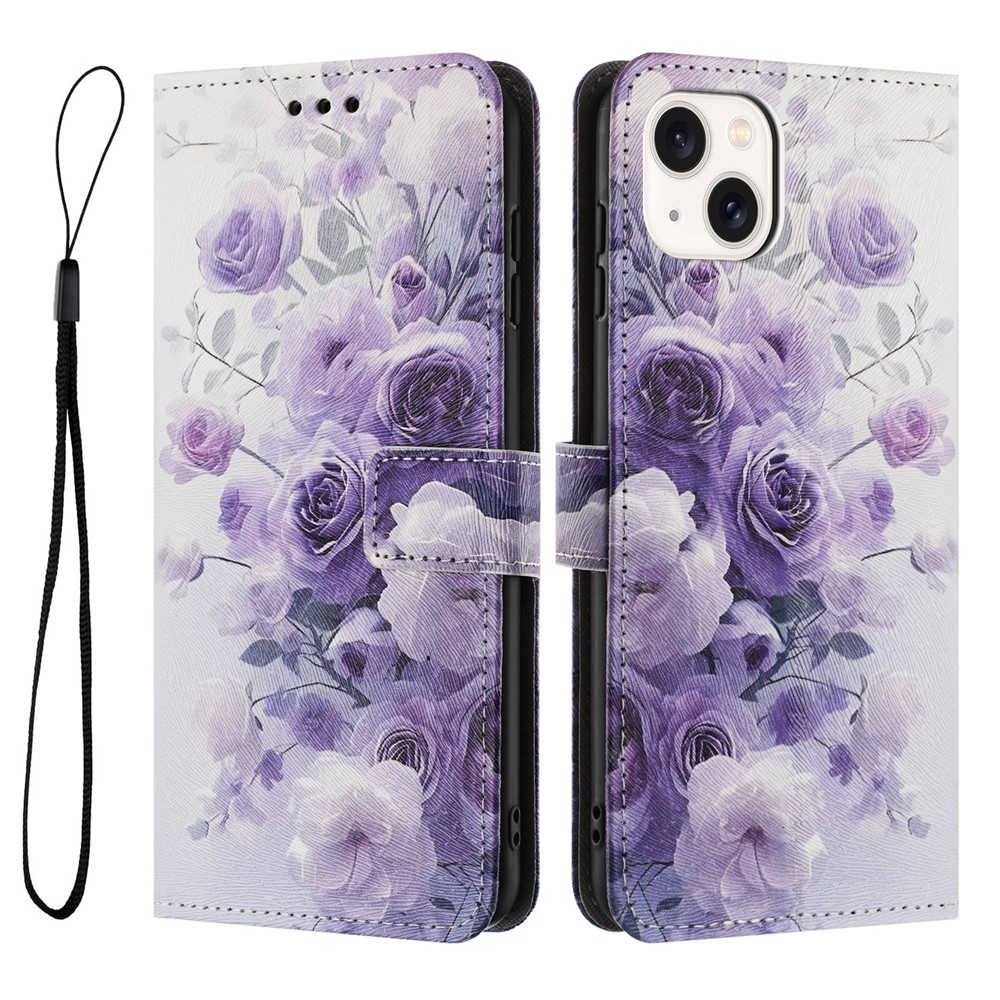 YX-2501 For iPhone 14 / 13 Case Pattern Printing PU Leather Wallet Phone Cover with Lanyard - Purple Rose