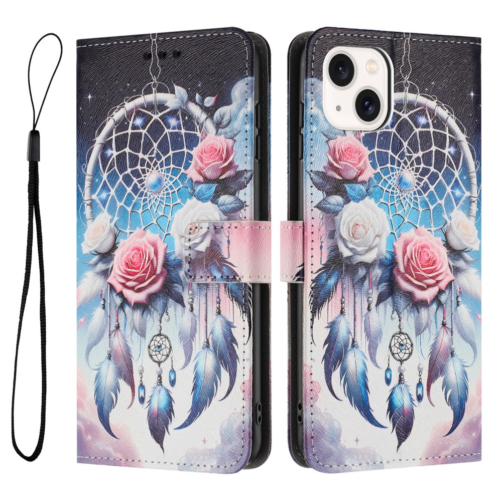 YX-2501 For iPhone 14 / 13 Case Pattern Printing PU Leather Wallet Phone Cover with Lanyard - Flower Wind Chime
