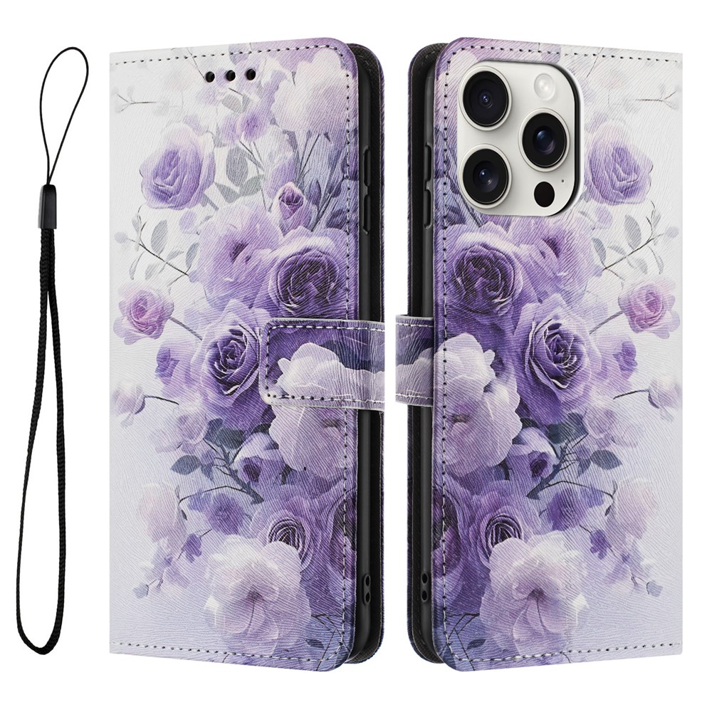 YX-2501 For iPhone 14 Pro Case Pattern Printing PU Leather Wallet Phone Cover with Lanyard - Purple Rose