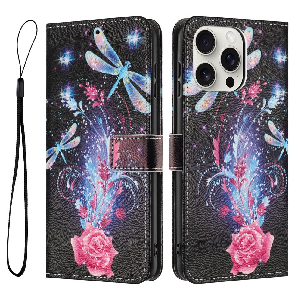 YX-2501 For iPhone 14 Pro Case Pattern Printing PU Leather Wallet Phone Cover with Lanyard - Dragonfly
