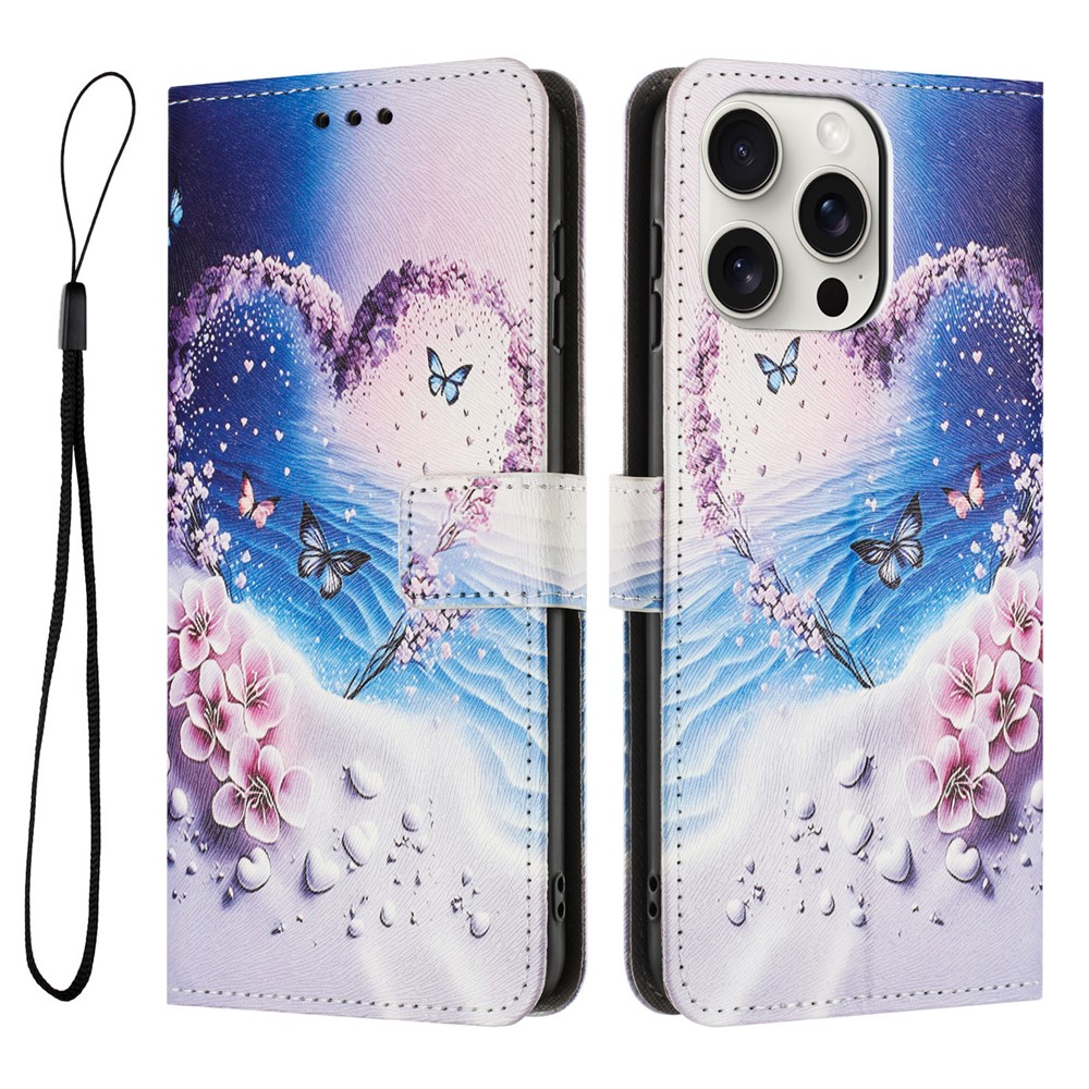 YX-2501 For iPhone 14 Pro Max Case Pattern Printing PU Leather Wallet Phone Cover with Lanyard - Heart Butterfly