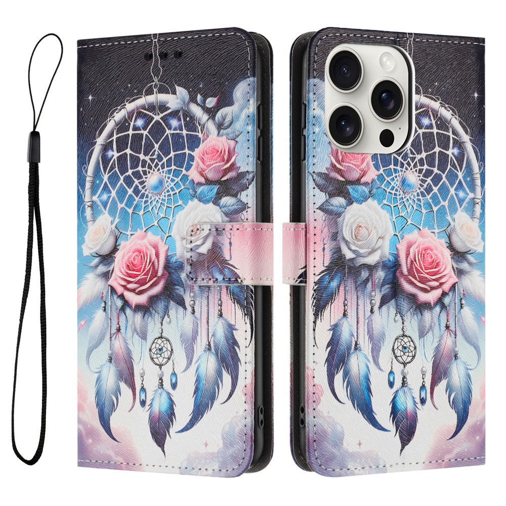 YX-2501 For iPhone 14 Pro Max Case Pattern Printing PU Leather Wallet Phone Cover with Lanyard - Flower Wind Chime