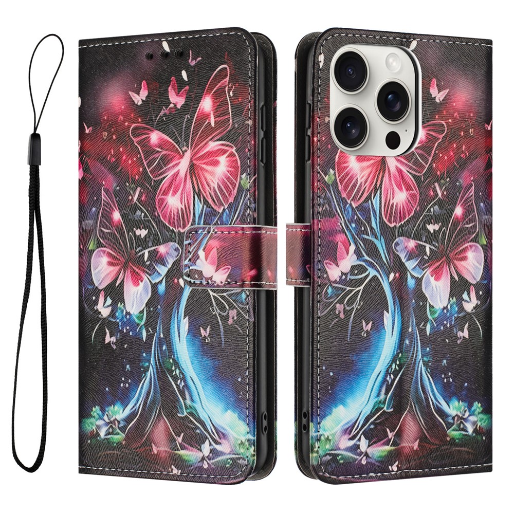 YX-2501 For iPhone 14 Pro Max Case Pattern Printing PU Leather Wallet Phone Cover with Lanyard - Butterfly Tree