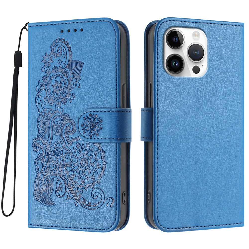 For iPhone 16 Pro Max Phone Cases Mandala Flower Leather Wallet Mobile Cover with Strap - Royal Blue