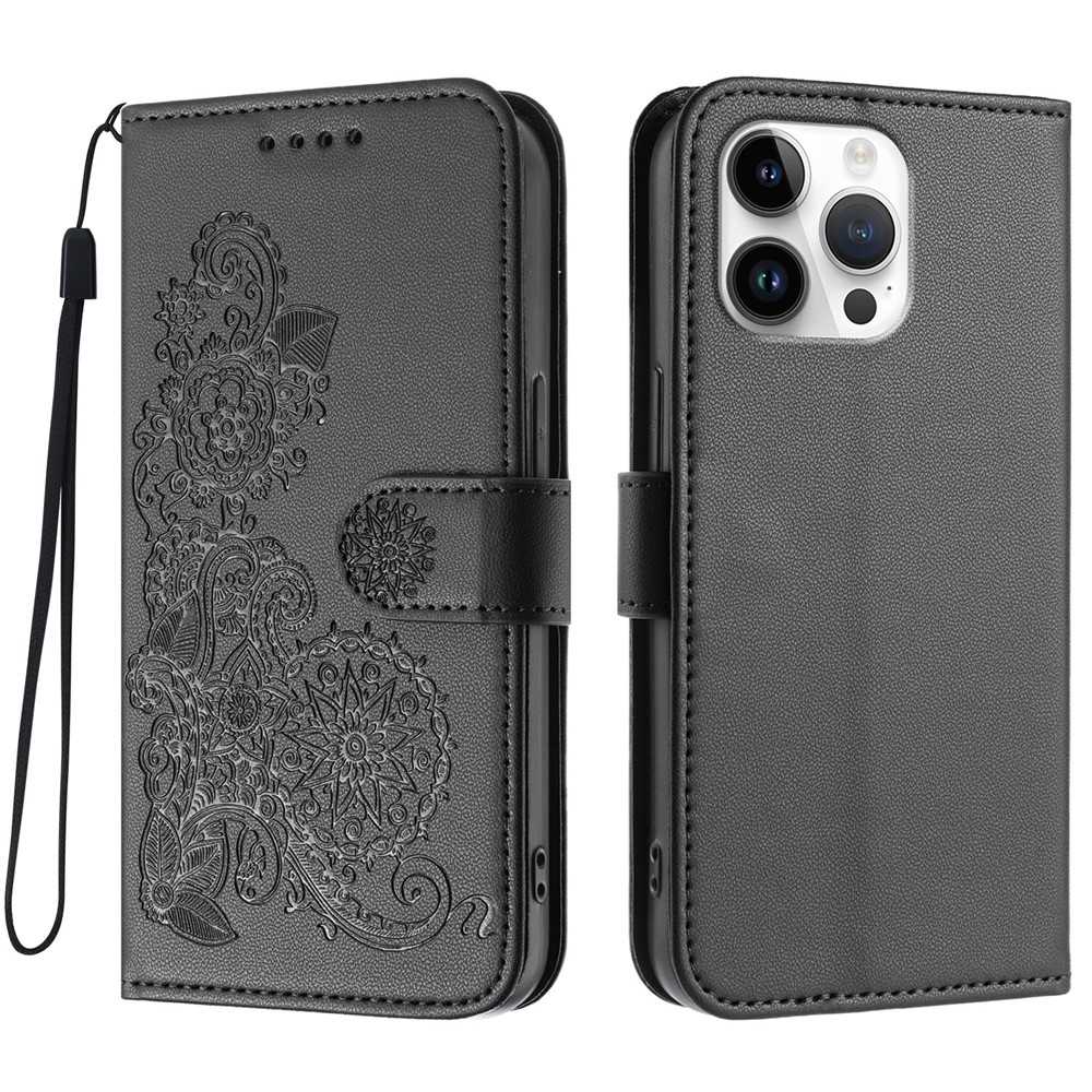 For iPhone 16 Pro Max Phone Cases Mandala Flower Leather Wallet Mobile Cover with Strap - Black