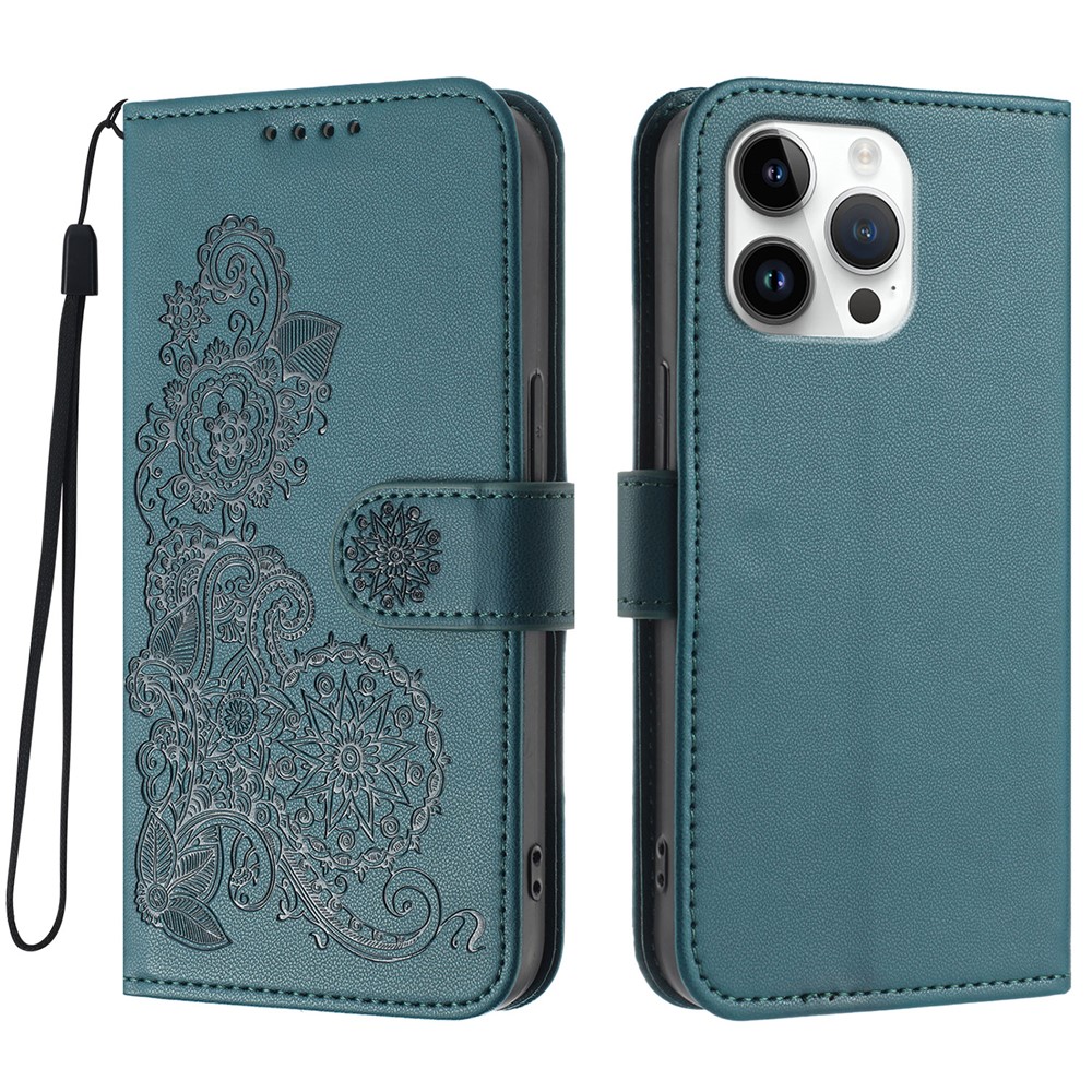 For iPhone 16 Pro Max Phone Cases Mandala Flower Leather Wallet Mobile Cover with Strap - Blackish Green