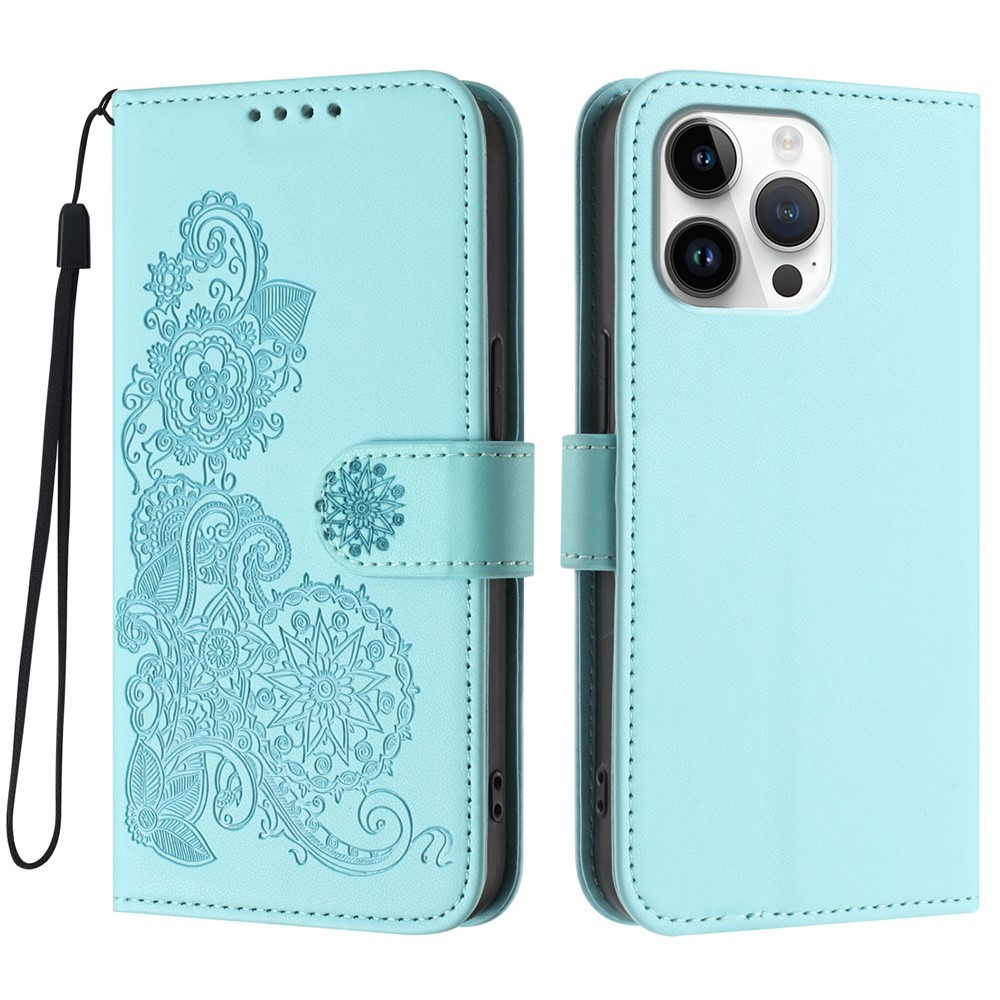 For iPhone 16 Pro Max Phone Cases Mandala Flower Leather Wallet Mobile Cover with Strap - Light Blue