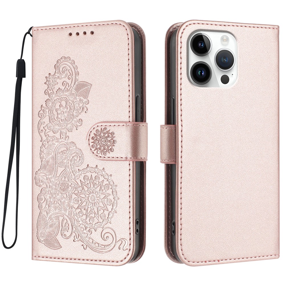 For iPhone 16 Pro Max Phone Cases Mandala Flower Leather Wallet Mobile Cover with Strap - Rose Gold
