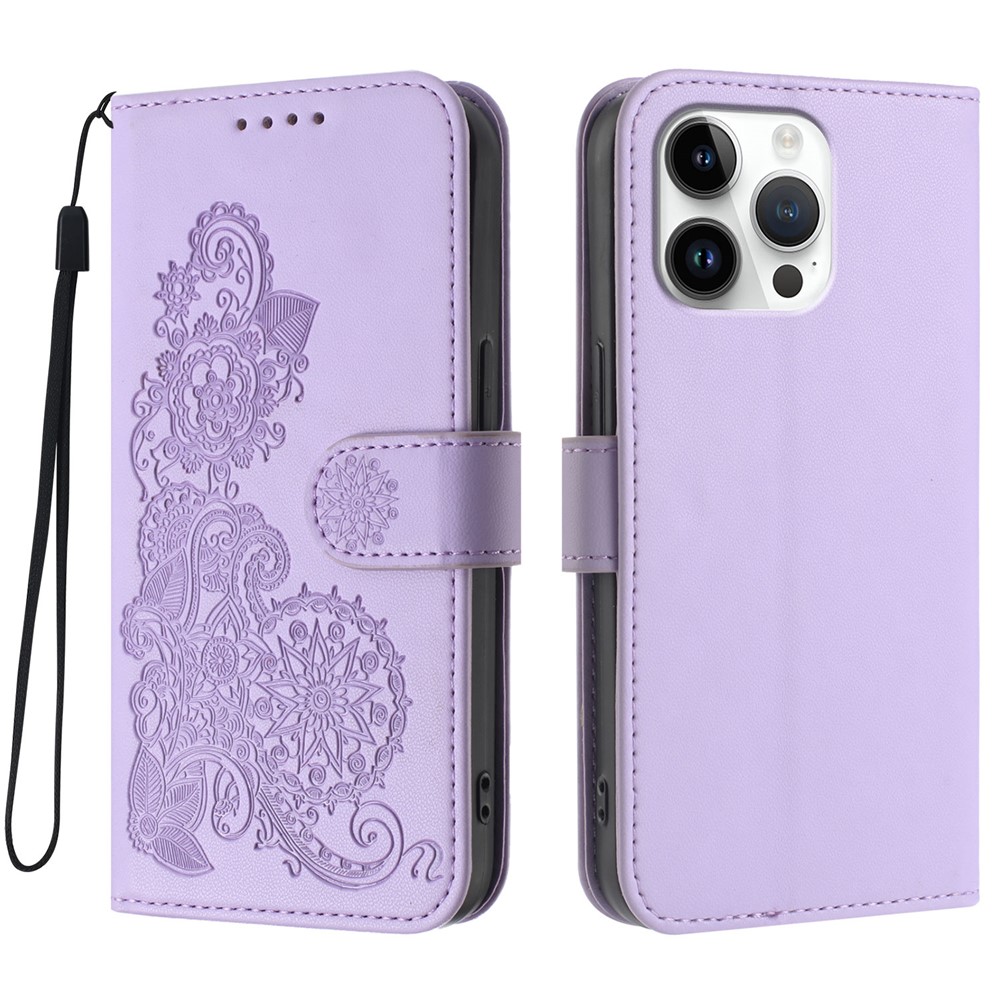 For iPhone 16 Pro Max Phone Cases Mandala Flower Leather Wallet Mobile Cover with Strap - Purple