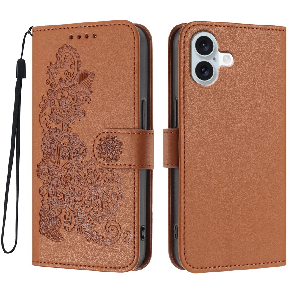 For iPhone 16 Plus Phone Cases Mandala Flower Leather Wallet Mobile Cover with Strap - Coffee