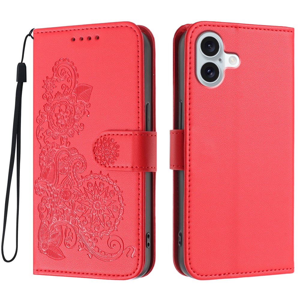 For iPhone 16 Plus Phone Cases Mandala Flower Leather Wallet Mobile Cover with Strap - Red