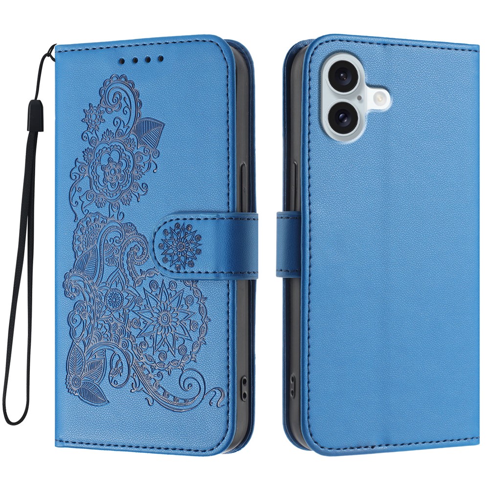 For iPhone 16 Plus Phone Cases Mandala Flower Leather Wallet Mobile Cover with Strap - Royal Blue