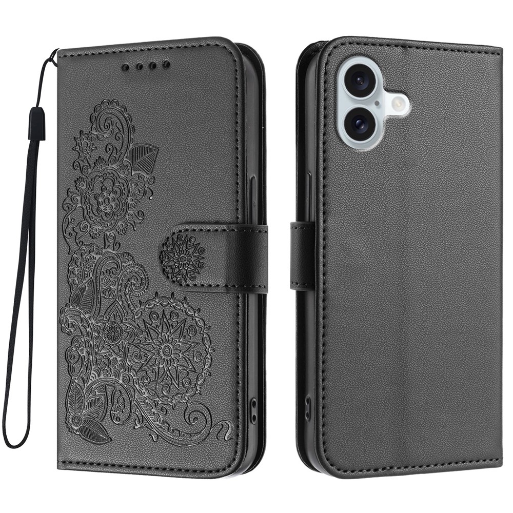 For iPhone 16 Plus Phone Cases Mandala Flower Leather Wallet Mobile Cover with Strap - Black