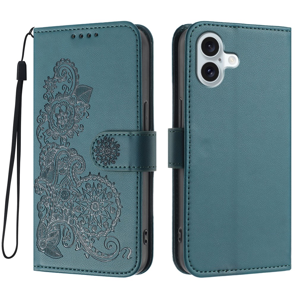 For iPhone 16 Plus Phone Cases Mandala Flower Leather Wallet Mobile Cover with Strap - Blackish Green