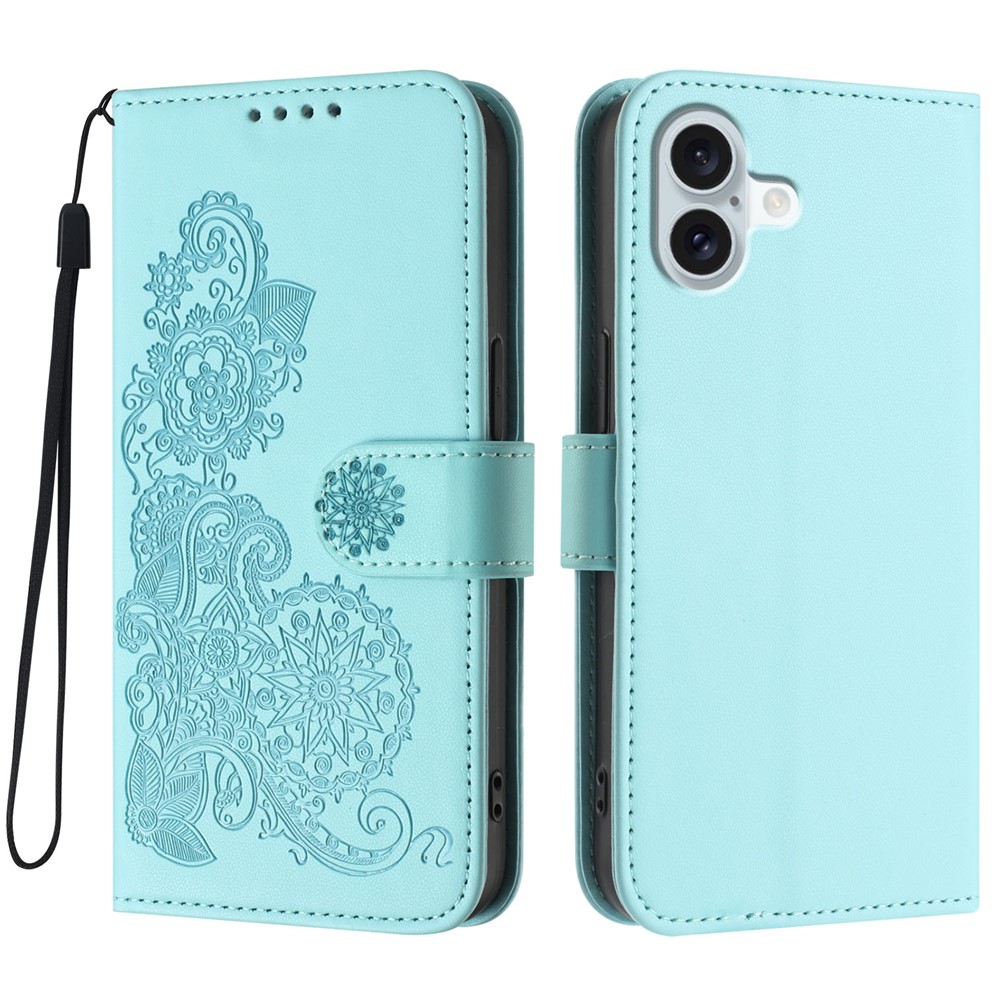 For iPhone 16 Plus Phone Cases Mandala Flower Leather Wallet Mobile Cover with Strap - Light Blue