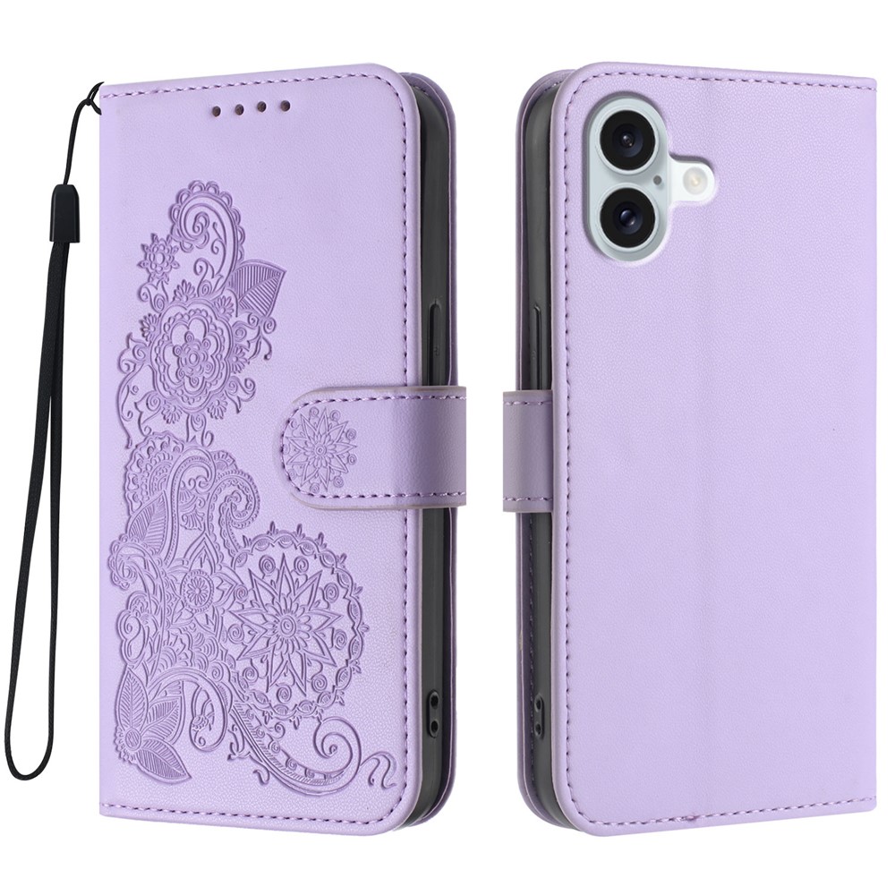 For iPhone 16 Plus Phone Cases Mandala Flower Leather Wallet Mobile Cover with Strap - Purple