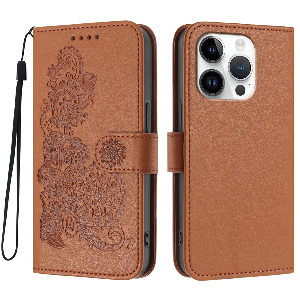 For iPhone 16 Pro Phone Cases Mandala Flower Leather Wallet Mobile Cover with Strap - Coffee