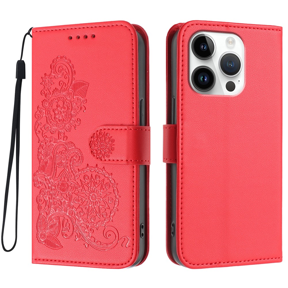 For iPhone 16 Pro Phone Cases Mandala Flower Leather Wallet Mobile Cover with Strap - Red