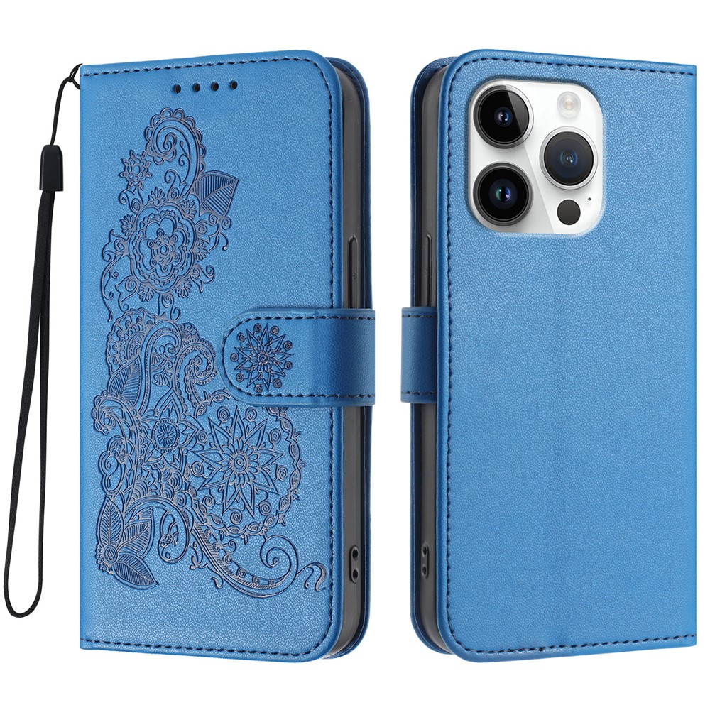 For iPhone 16 Pro Phone Cases Mandala Flower Leather Wallet Mobile Cover with Strap - Royal Blue