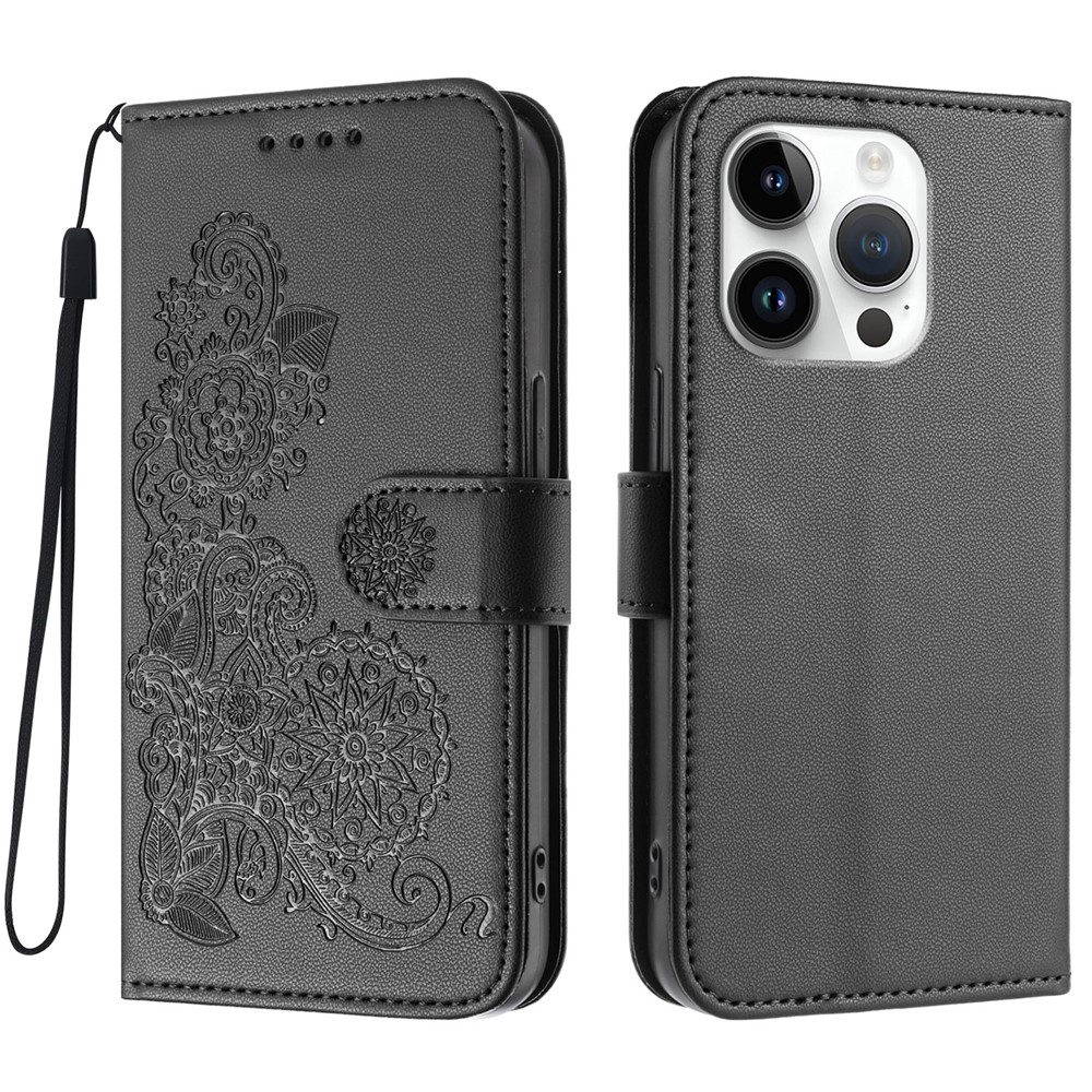 For iPhone 16 Pro Phone Cases Mandala Flower Leather Wallet Mobile Cover with Strap - Black