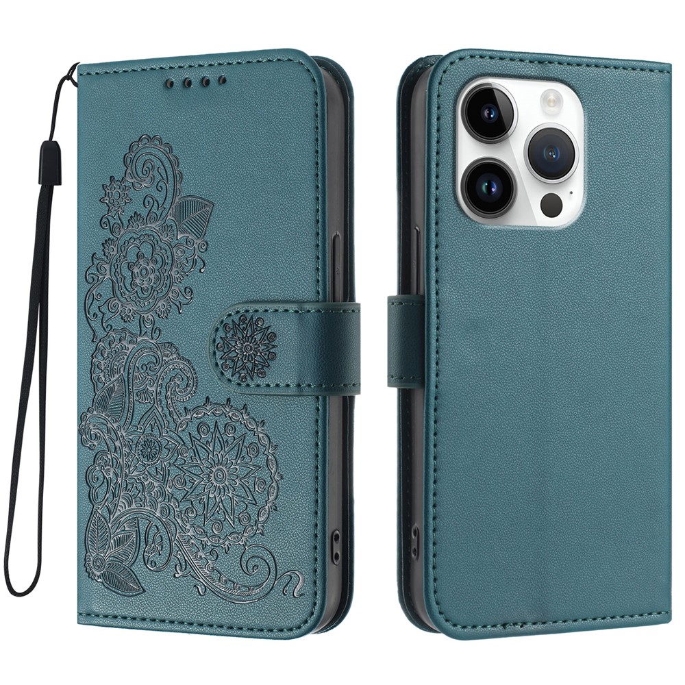 For iPhone 16 Pro Phone Cases Mandala Flower Leather Wallet Mobile Cover with Strap - Blackish Green