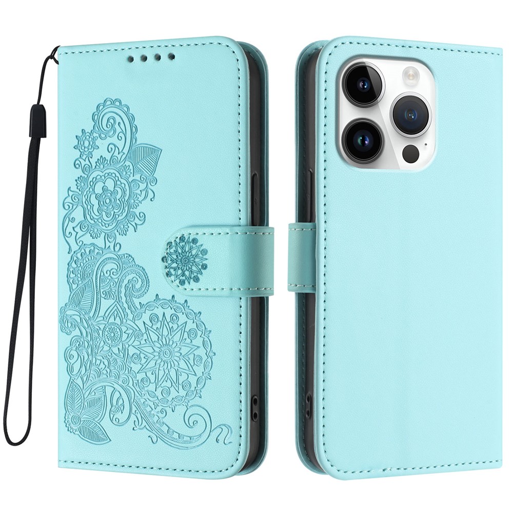 For iPhone 16 Pro Phone Cases Mandala Flower Leather Wallet Mobile Cover with Strap - Light Blue