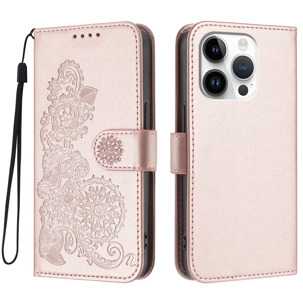 For iPhone 16 Pro Phone Cases Mandala Flower Leather Wallet Mobile Cover with Strap - Rose Gold