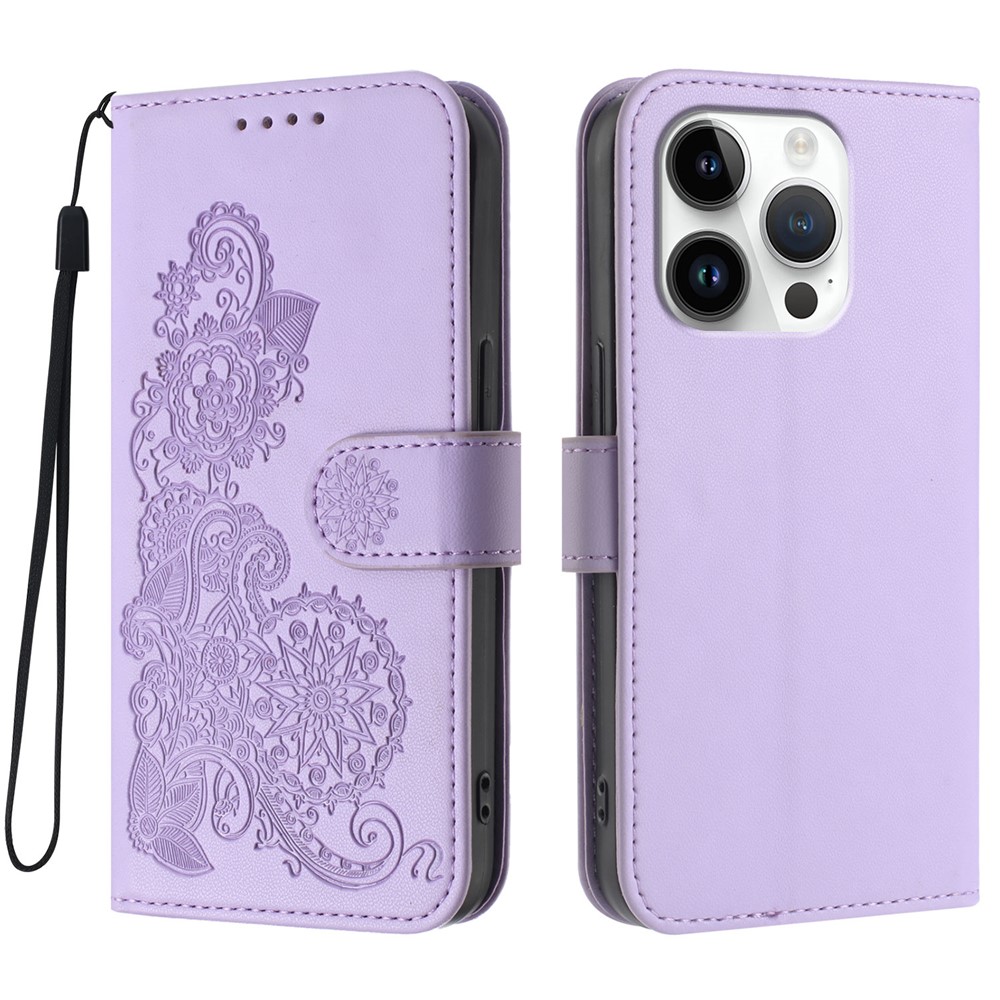 For iPhone 16 Pro Phone Cases Mandala Flower Leather Wallet Mobile Cover with Strap - Purple