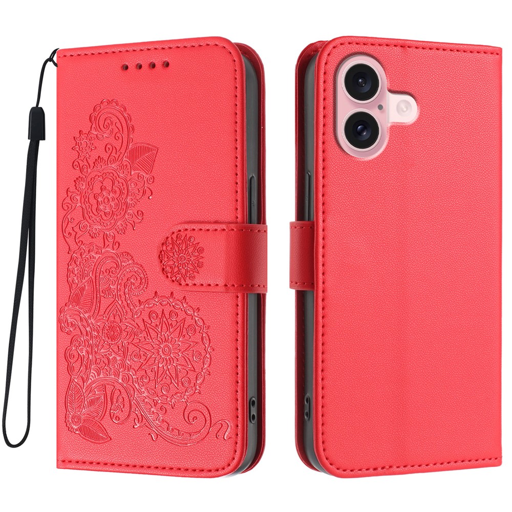 For iPhone 16 Phone Cases Mandala Flower Leather Wallet Mobile Cover with Strap - Red