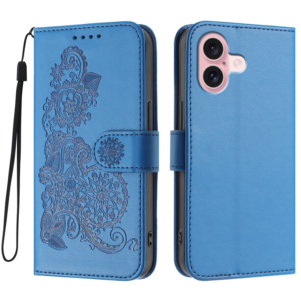 For iPhone 16 Phone Cases Mandala Flower Leather Wallet Mobile Cover with Strap - Royal Blue