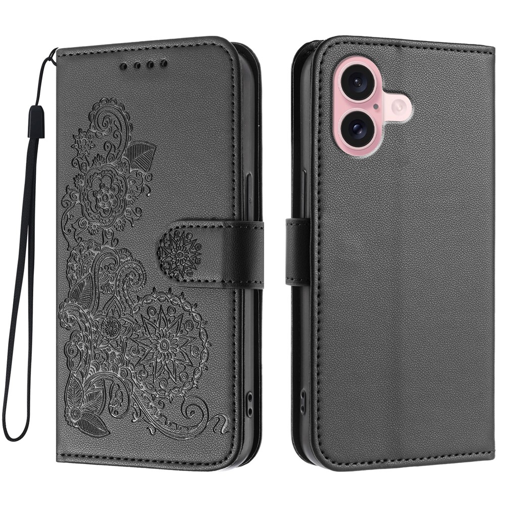 For iPhone 16 Phone Cases Mandala Flower Leather Wallet Mobile Cover with Strap - Black