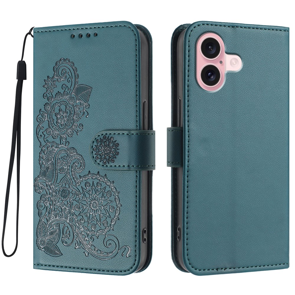 For iPhone 16 Phone Cases Mandala Flower Leather Wallet Mobile Cover with Strap - Blackish Green