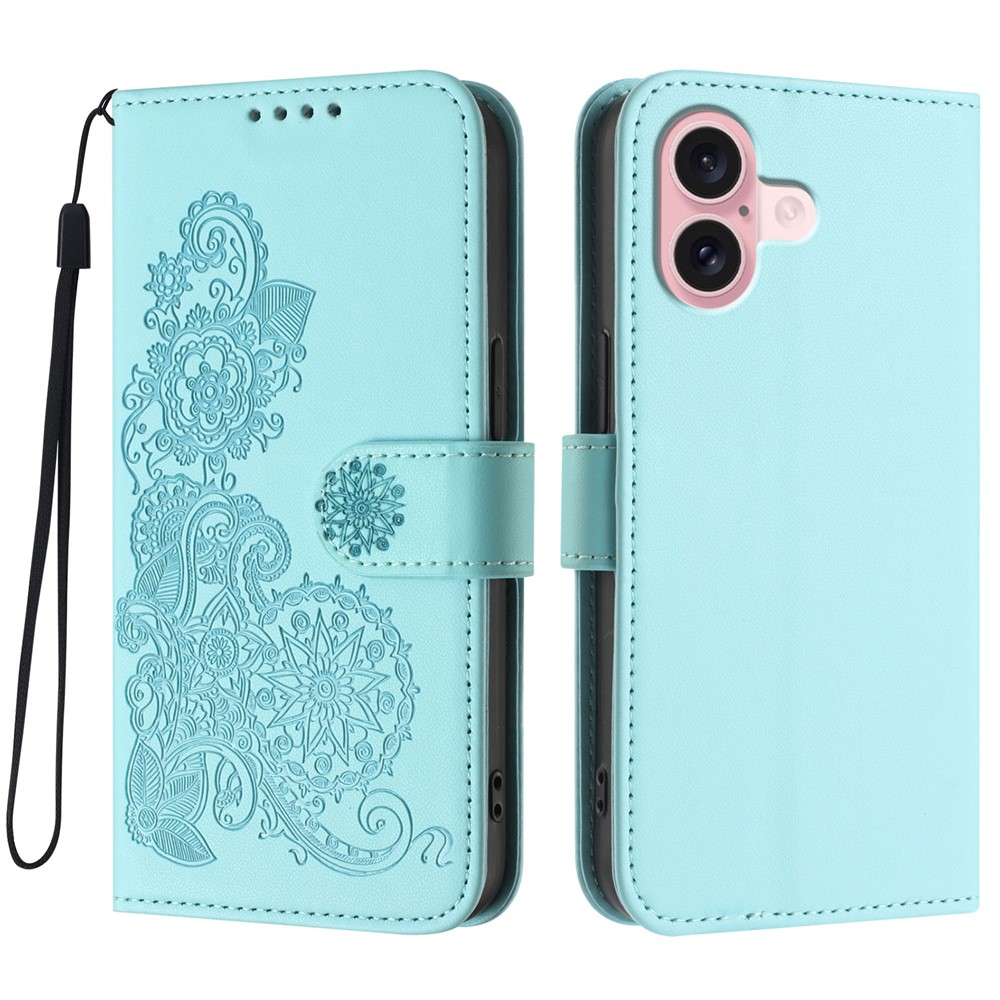 For iPhone 16 Phone Cases Mandala Flower Leather Wallet Mobile Cover with Strap - Light Blue