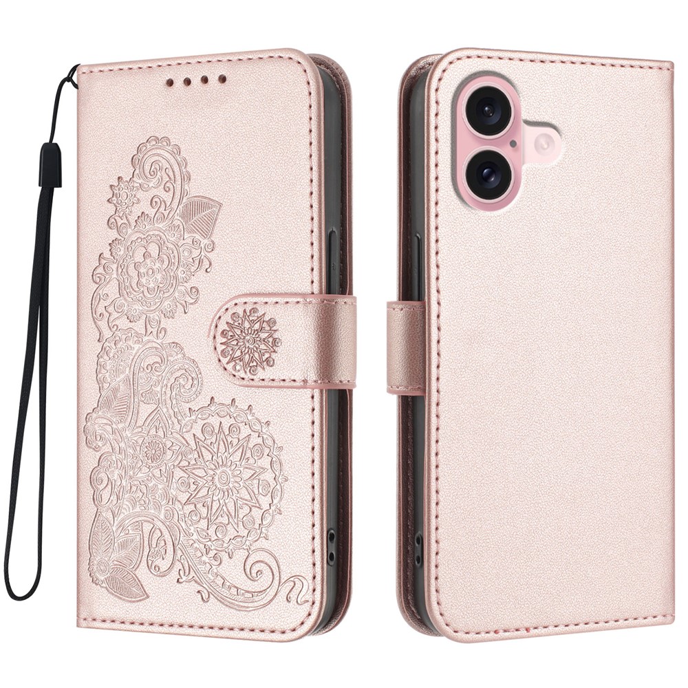 For iPhone 16 Phone Cases Mandala Flower Leather Wallet Mobile Cover with Strap - Rose Gold