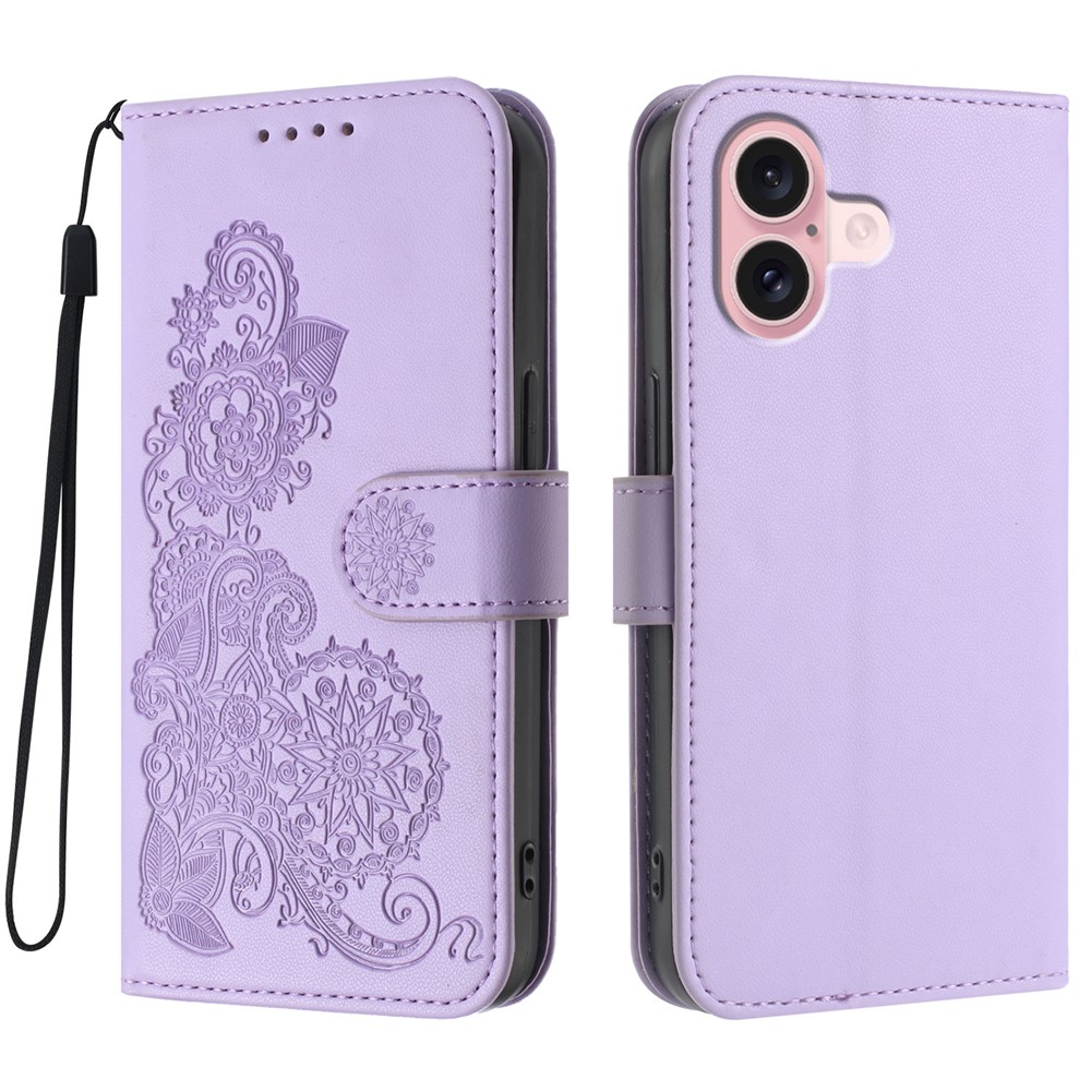 For iPhone 16 Phone Cases Mandala Flower Leather Wallet Mobile Cover with Strap - Purple